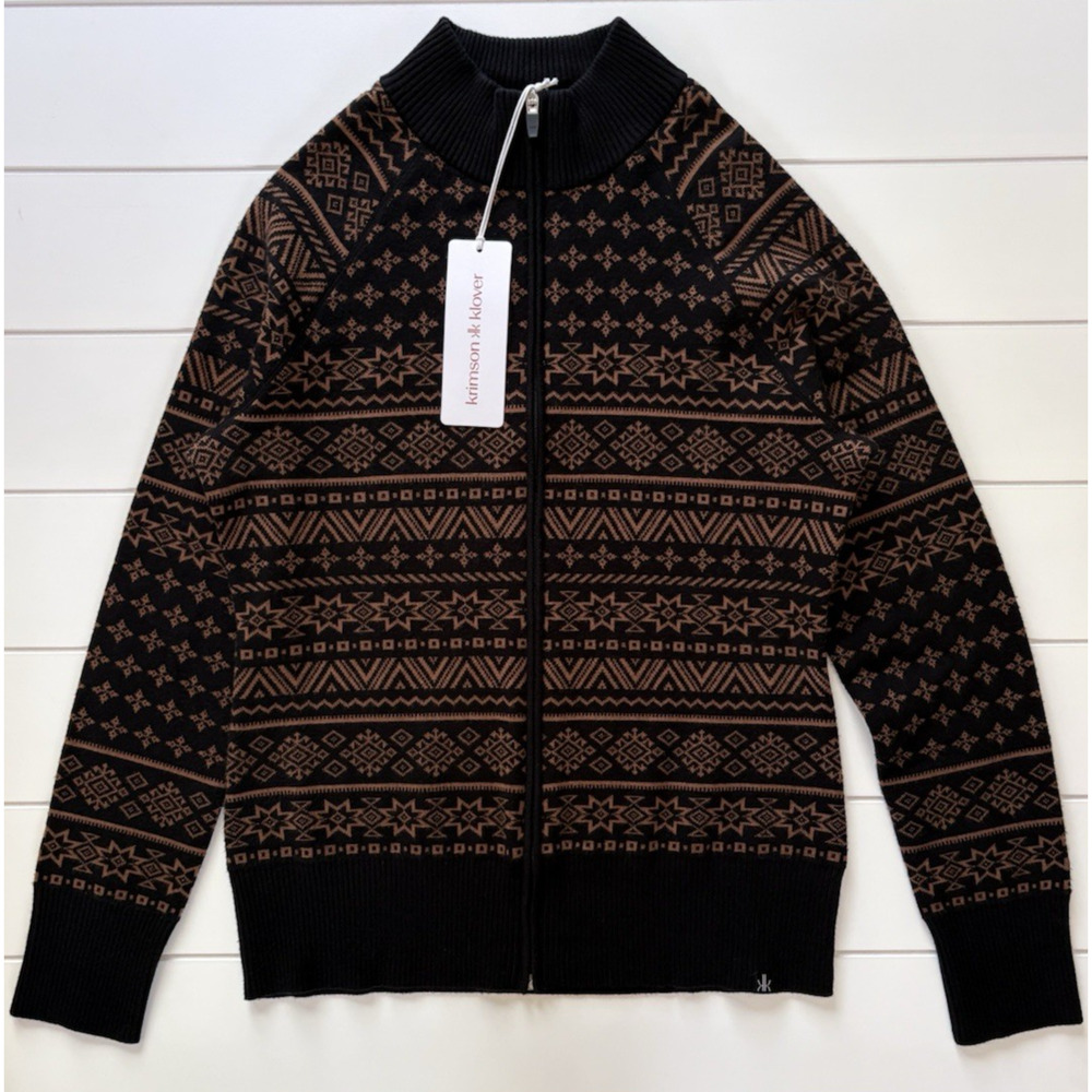 Krimson Klover Nordic Fair Isle Full Zip Yorkshire Sweater Jacket Black Brown M